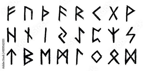 Set of hand drawn viking runes Ancient scandinavian futhark germanic celtic alphabet clipart in doodle style Single element for print, web, design, decor