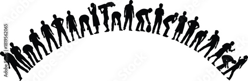 Silhouette of tired human figures in progressive exhaustion poses, fatigue, physical stress, burnout, collapse, energy loss, posture decline