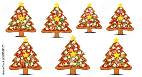 Illustration of several christmas tree shaped pizzas with star toppings arranged