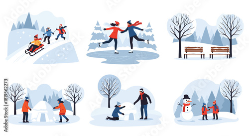 Winter scenes depicting people sledding, skating, building an igloo and snowman