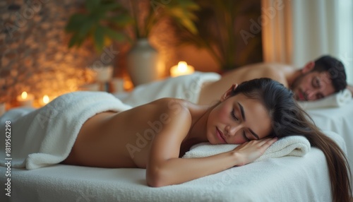 Relaxing couple enjoying a serene spa treatment