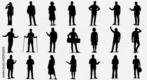 An Array of Silhouetted Individuals Showing Varied Actions and Stances