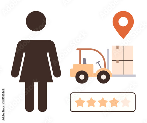 Woman figure, forklift with stacked boxes, rating stars, and location marker highlight logistics, delivery, and customer review concepts. Ideal for shipment, user rating, customer experience