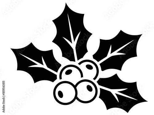 Black and white graphic of holly leaves and berries design art