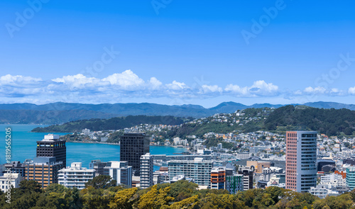 Panoramic skyline of Wellington downtown harbor, financial center and Lambton harbor.