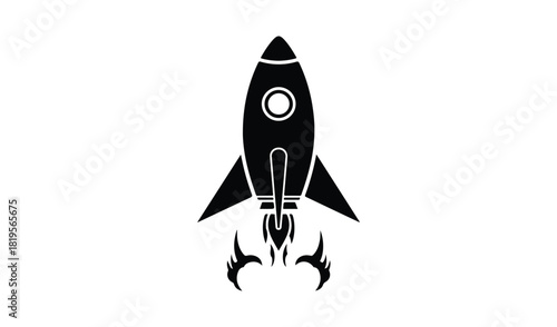 Black silhouette of a rocket ship launching with flames