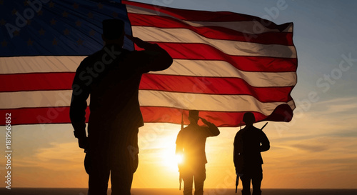 American heroes honor their nation's flag at sunset with salute