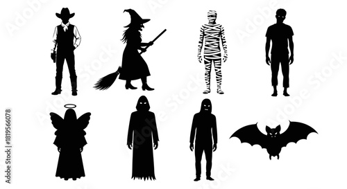 Collection of diverse spooky Halloween characters and costume silhouettes