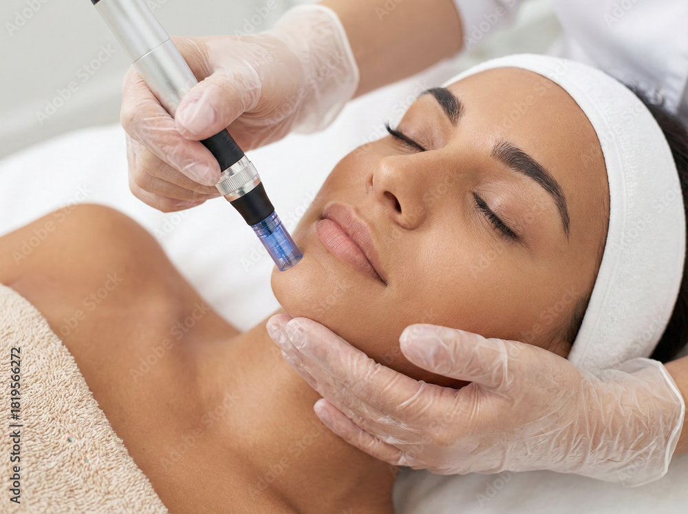 Naklejka premium Close-up of a young woman receiving a professional microneedling facial treatment on her chin for skin rejuvenation at a cosmetology clinic