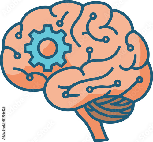 Human brain with gear and circuit connections representing artificial intelligence, neural technology, cognitive innovation, machine learning concept