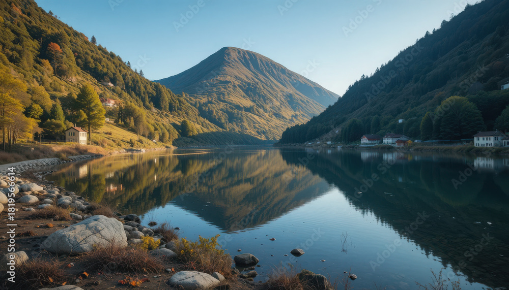 Obraz premium Lake reflecting mountains and trees on a clear day