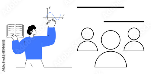 Man explaining graph function with an open book and pointing at chart while audience icons signify communication. Ideal for education, learning, presentation, analysis, teaching, teamwork