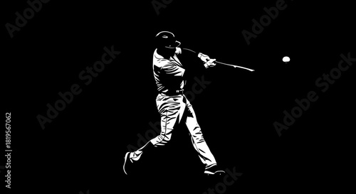 Vigorous Baseball Batter Connecting With Pitch in Striking Monochrome Art