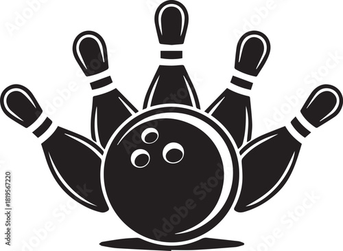 Black bowling ball and pins graphic with white outlines sport game