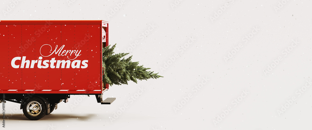 Obraz premium Red truck driving Christmas tree on white background with Merry Christmas text and copy space. 3D Rendering, 3D Illustration 
