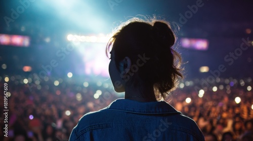 Korean k pop idol woman musician singer sing on stage performing live concert. Audience fans with hands raised cheering. Music festival or night event concept. Kpop Korea culture.