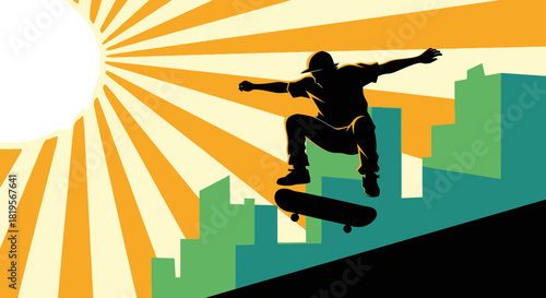 Dynamic Skateboarder Performing a Trick Against a Vibrant Cityscape Sunset