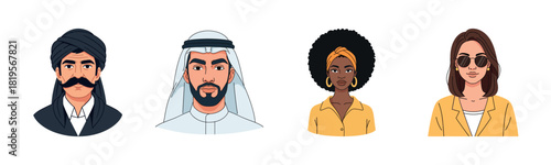 Diverse portraits of cultural attire and accessories representing various ethnicities