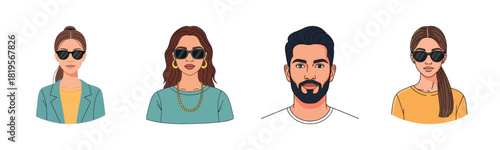 Stylish illustrated portraits of diverse adults wearing sunglasses