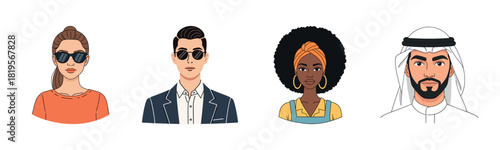 Diverse portraits of young adults: caucasian female, caucasian male, african female, middle eastern male