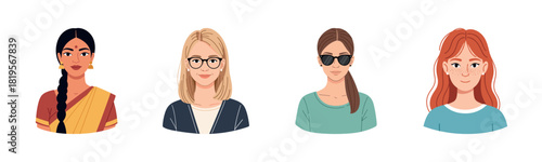 Diverse young female portrait collection featuring various hairstyles and accessories