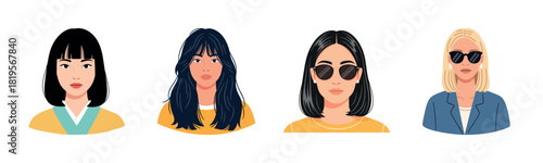 Diverse female portraits with varied hairstyles and accessories
