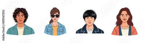 Diverse cartoon portraits of young adults with different hairstyles and fashion styles