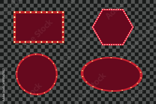 Realistic marquee sign box set, isolated on transparent background. Retro vintage light board for circus, casino, karaoke bar, or open mic nights. Glowing red neon cinema marquee frame with radiant go