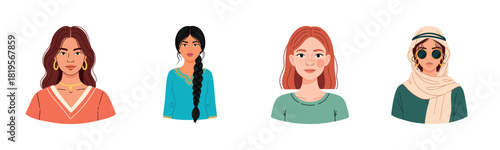 Diverse female portraits in various outfits and accessories