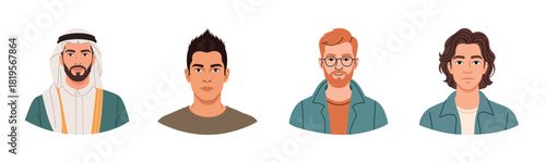 Diverse male portraits: traditional and contemporary styles in caucasian and asian young adults