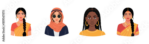 Diverse female portraits: asian, caucasian, african, cultural fashion