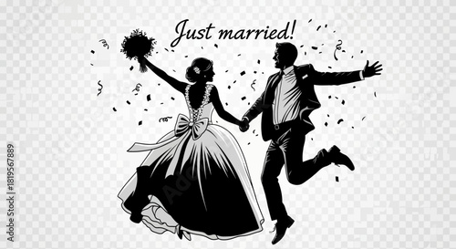 Energetic newlyweds jumping hand in hand expressing their overwhelming happiness