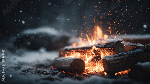 A cozy fire crackles against a snowy backdrop. Sparks dance in the cold air as logs burn brightly in a winter scene, a captivating contrast.
