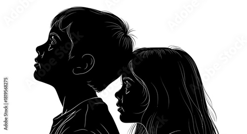 Boy and girl silhouettes looking up in profile with youthful curiosity