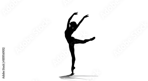 Graceful ballerina silhouette dancing elegantly en pointe against a white background