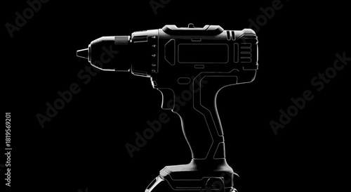 Powerful cordless drill silhouette dramatically lit against a dark background