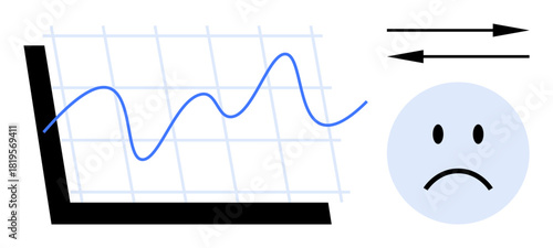 Economic downtrend. A wavy graph, sad face, and arrows financial downturn and its impact. Suitable for concepts in financial analysis, economics, recession, data trends, or business