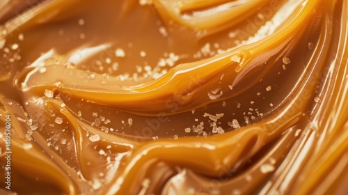 Close-up of smooth caramel sauce with glossy texture and swirled patterns.