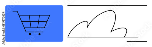 Shopping cart on blue background next to cloud sketch with clean lines. Ideal for e-commerce, online shopping, digital services, cloud technology, logistics, innovation, and connectivity. Simple flat