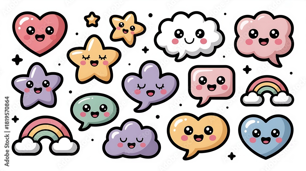 Fototapeta premium Cute Cartoon Character Set Featuring Hearts Stars Clouds and Rainbows