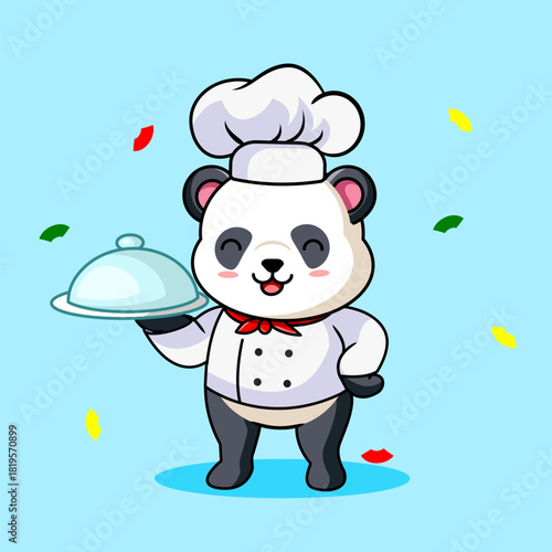 Cute Panda Wearing Chef Hat and Cloche in Hand Vecto Illustration Kawaii Design