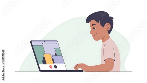 Boy using Laptop for online Communication remote Learning at Home