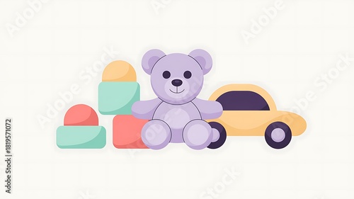 Colorful childrens toys featuring a teddy bear building blocks and a car