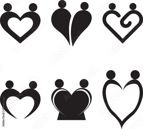 Love Heart Icons with People Figures - Romantic Relationship Symbol Set in Black and White Design