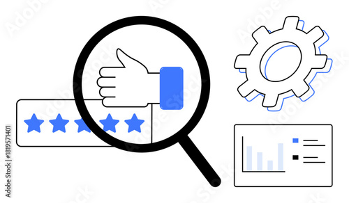 Magnifying glass over thumbs-up with five-star rating, gear, and bar graph. Ideal for feedback, quality assurance, data analysis, review process, evaluation optimization customer loyalty. A simple