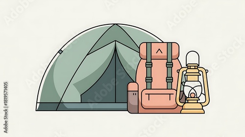 Camping tent backpack and kerosene lantern sit ready for outdoor adventure travel or wilderness exploration.