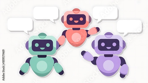 Three friendly robots chatting with blank speech bubbles vector illustration