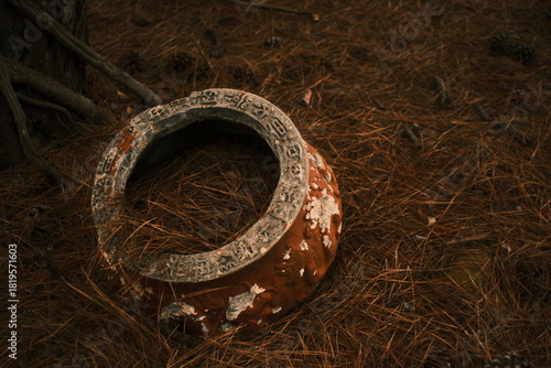 A rustic, weathered clay pot resting on a forest floor covered with dry pine needles, pine cones, and tree roots. 