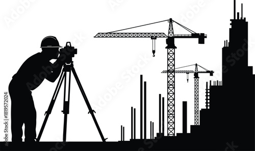 Construction site silhouette—surveyor with total station, cranes, and high-rise buildings under development 