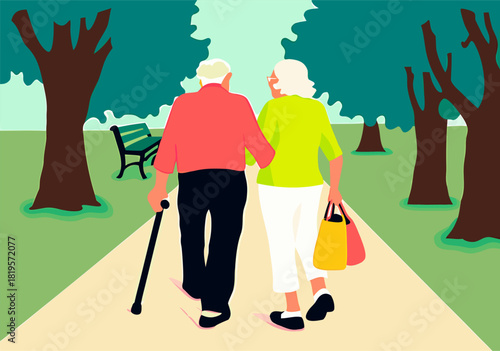 Elderly Couple's Serene Park Stroll in Lush Greenery
